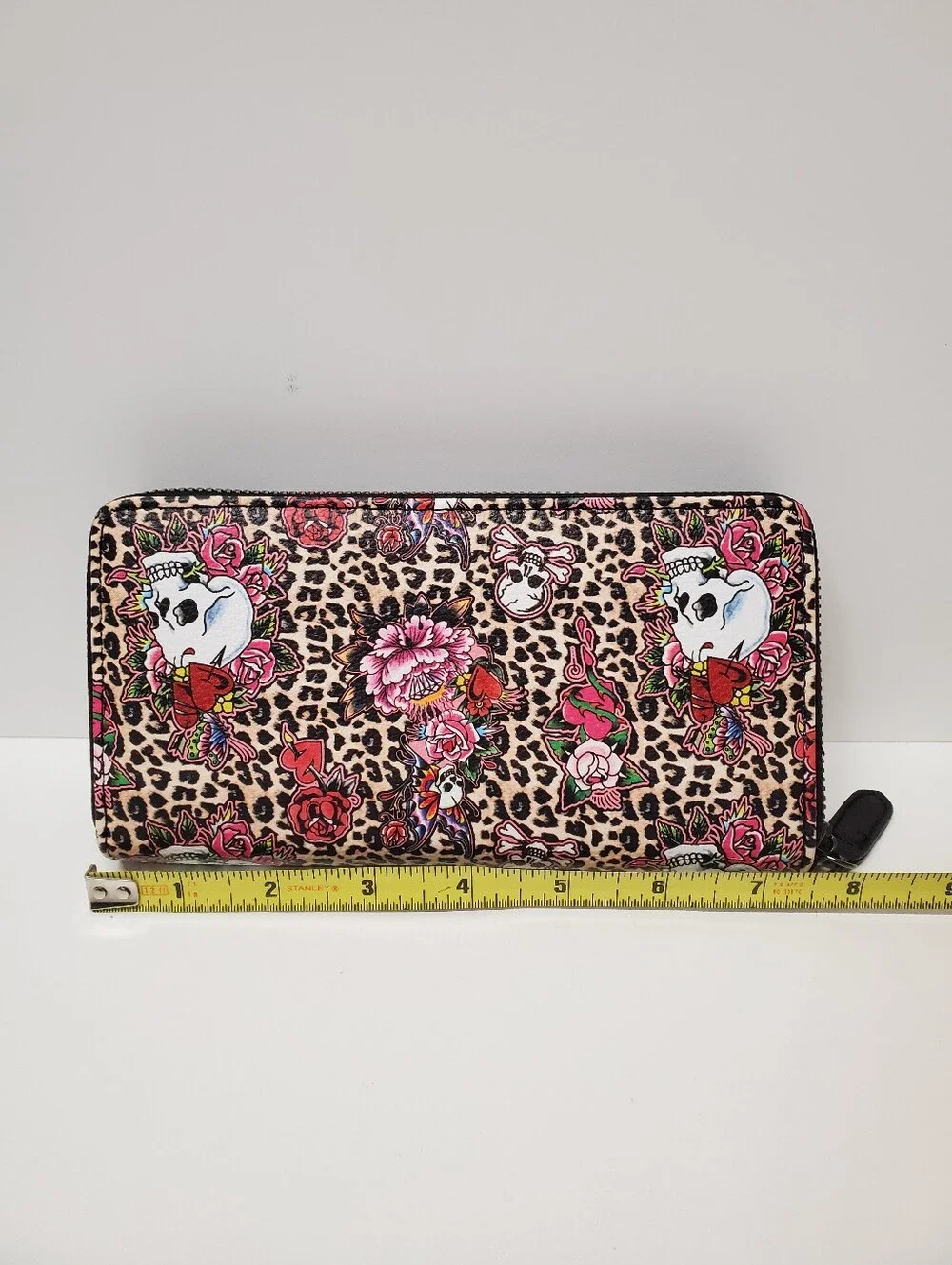 Ed Hardy Leopard Tattoo Heart Zip Wallet - Red, Pink, Black